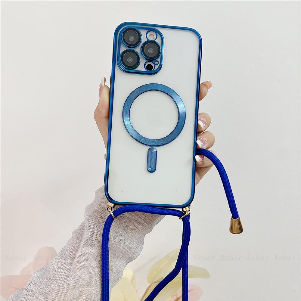 Crossbody Necklace Lanyard Magnet For Magsafe Wireless Charging Case For iPhone 17 16 15 13 12 11 14 Pro Max Plating Clear Cover