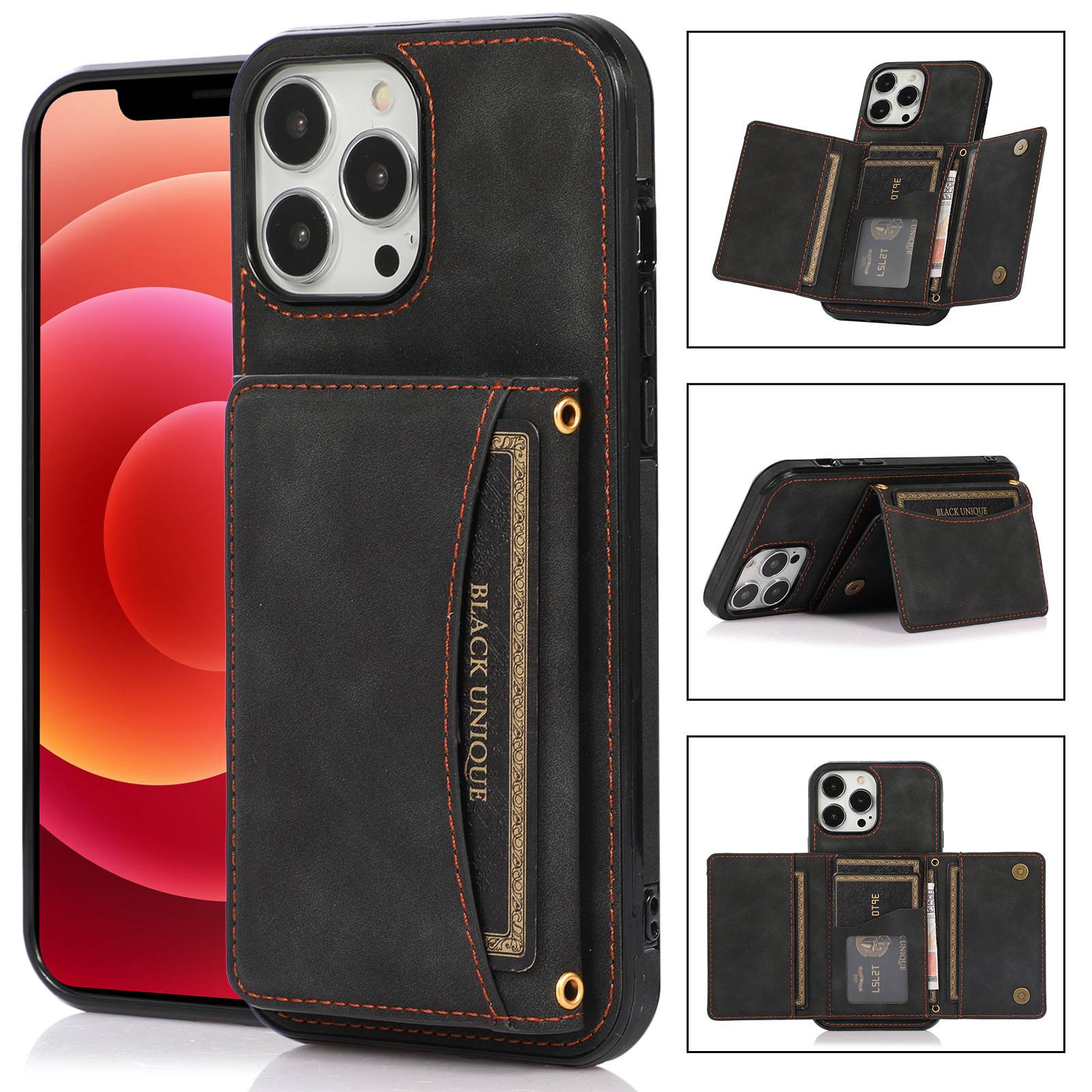 

For iPhone 14 6.1 inch Drop-Proof Phone Wallet Case Kickstand Multifunctional Well-Protected Mobile Phone Back Cover Card Holder Purple