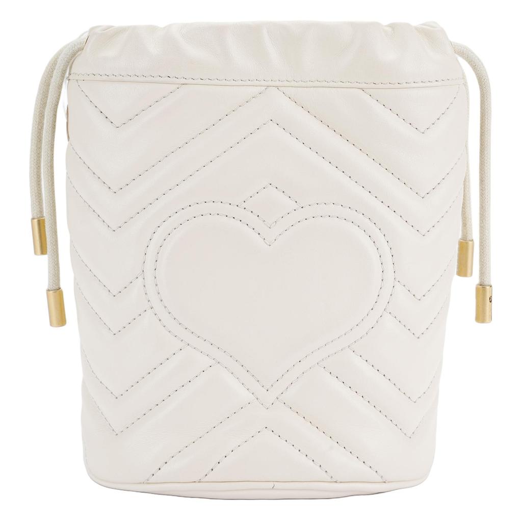 Gucci Gg Marmont Gold-Label Logo Kordelzug Öffnen und Schließen Kette Gestepptes Leder Eimer Tasche Umhängetasche Mini Damen Weiß