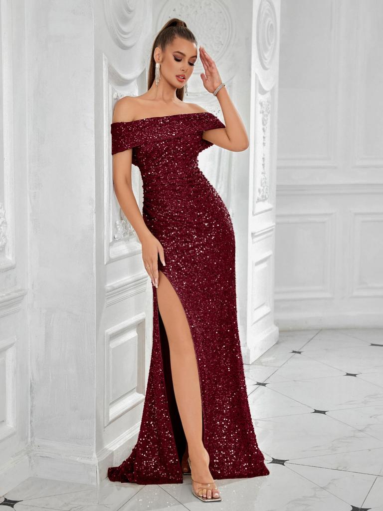 European and American Banquet Design Split-ended Dress, Heavy Industry One-word Collar Slim and Thin Sequined Dress Long Dress