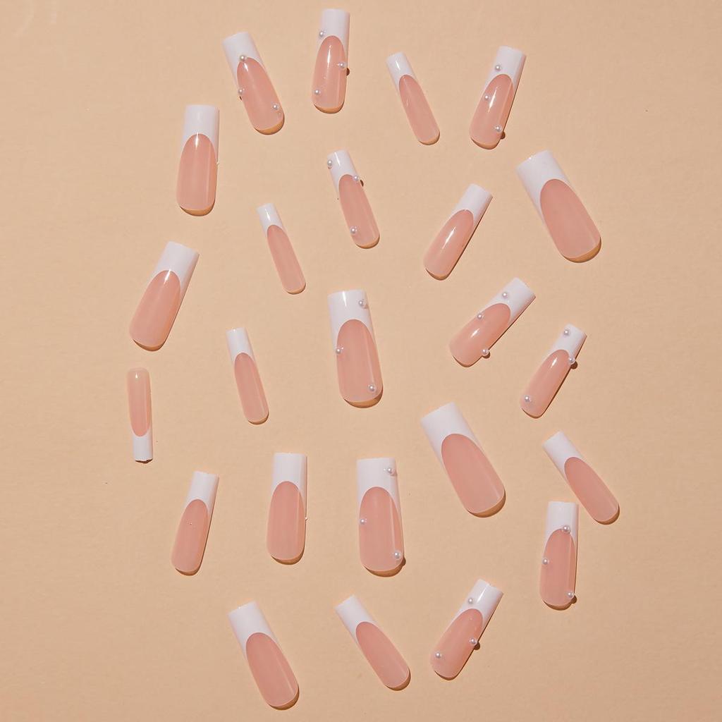 Trendy Long White French Pearl Rectangular Wearable False Nails