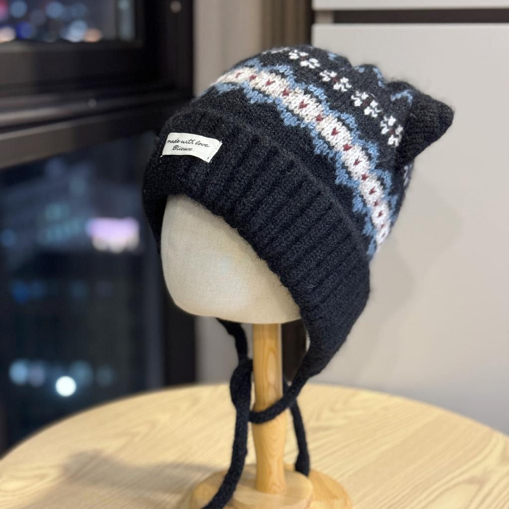 New Cute Cat Ears Plus Velvet Knitted Hat for Women in Autumn and Winter Thickened and Warm Ear Protecting Lei Feng Hat Showing Face Small Woolen Hat