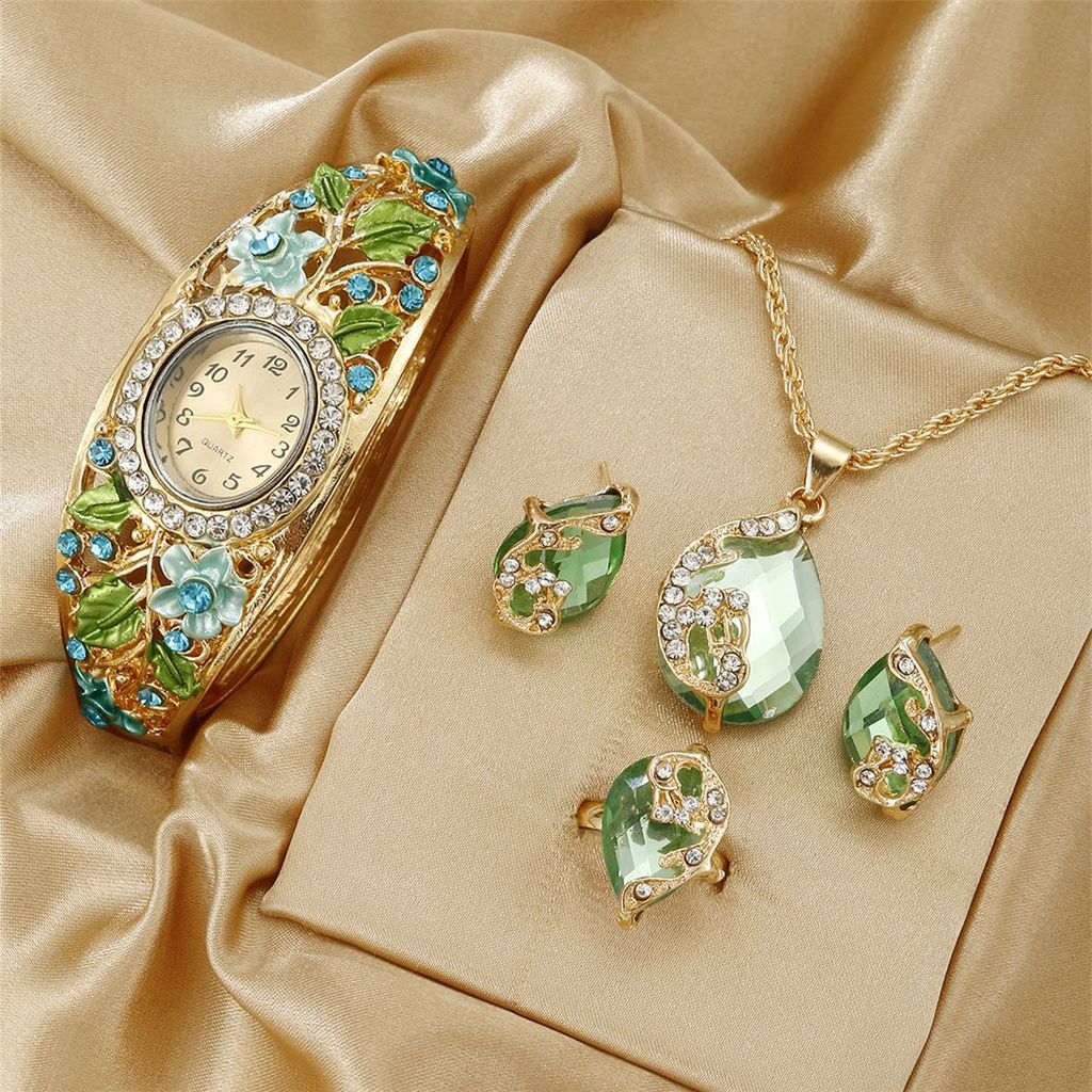 Vintage Cloisonne Floral Ladies Watch Jewelry Set With Quartz Movement For Elegant Wear