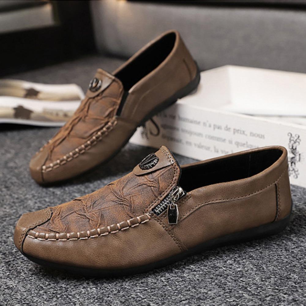 Fashion Men's Shoes Fashion Zippered Casual Leather Shoes Luxury Soft Soled Driving Shoes Designer Loafers Men Leather Half Slippers