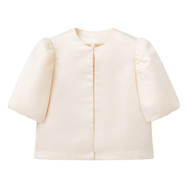 

2025 Europe and America Cross Border Spring and Summer Fashion New Satin Puff Sleeves Loose Short Short-Sleeved Casual Top Women White S