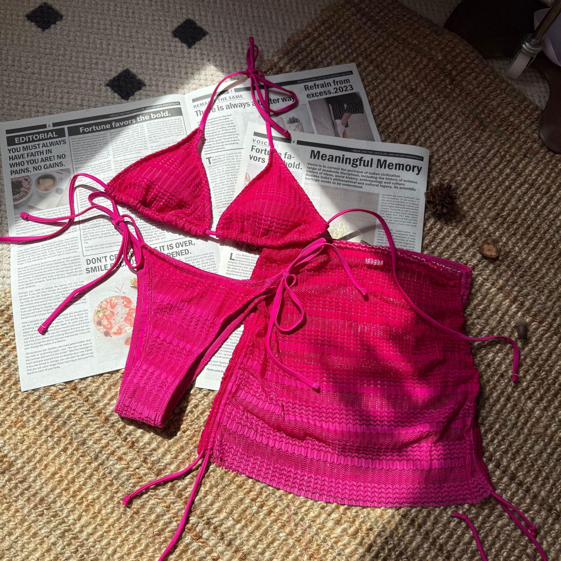

2026 new gradient mesh three-piece set beach bikini beach beach seaside skirt swimsuit L рожевий червоний колір