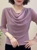 One-Piece 2025 Autumn Pile Collar Mesh Long-Sleeve Women's T-Shirt