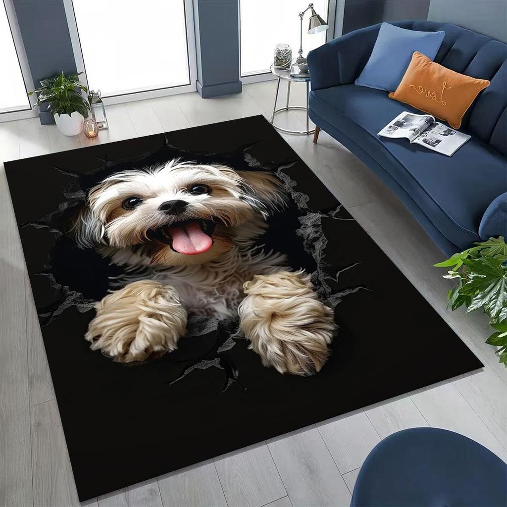 Tapete Fofo Cão Filhote Quebrando a Parede Ilusão 3D para Quarto Sala de Estar Sofá Casa Capacho Decoração, Tapete Grande Antiderrapante para Brincar de Crianças