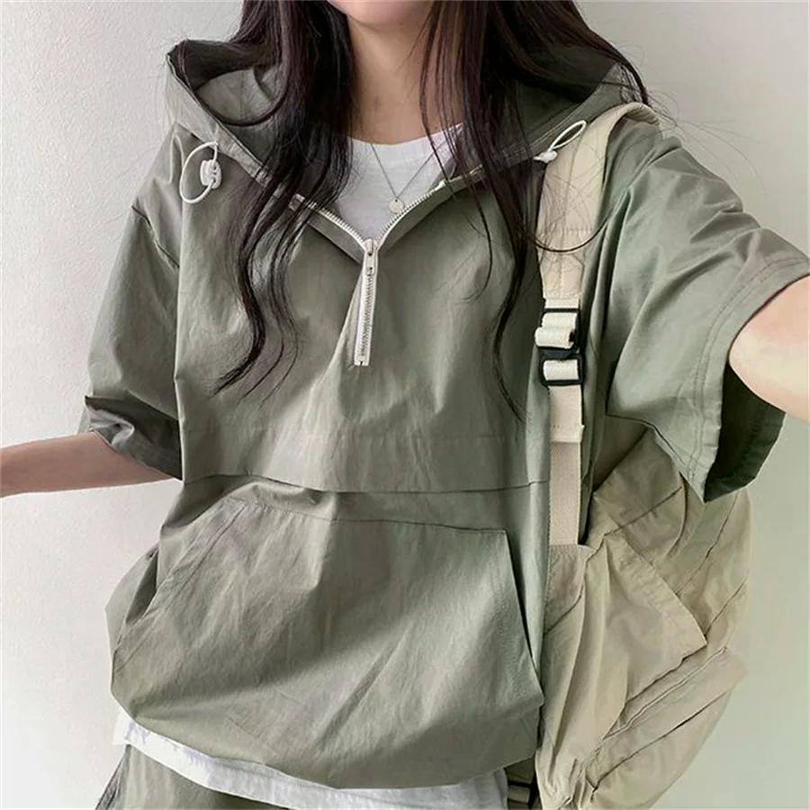 Women's 2 Pieces Sets Sweat Suit Summer Shorts T-shirt Hooded Loose Sports Tracksuit Training Bottom Suit Korean Style