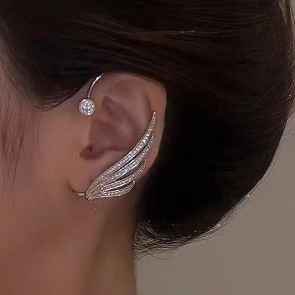 

Korean Angel Wing Rhinestone Earrings Shiny Drill Arc Ear Hanging Clip Earrings for Women Unusual Ear Cuff