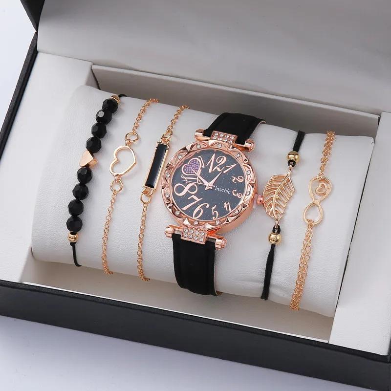 New Fashion Watches for Women Ladies Simple Heart Dial Casual Female Luxury Analog WristWatches 6pcs Bracelet Set Gift No Box
