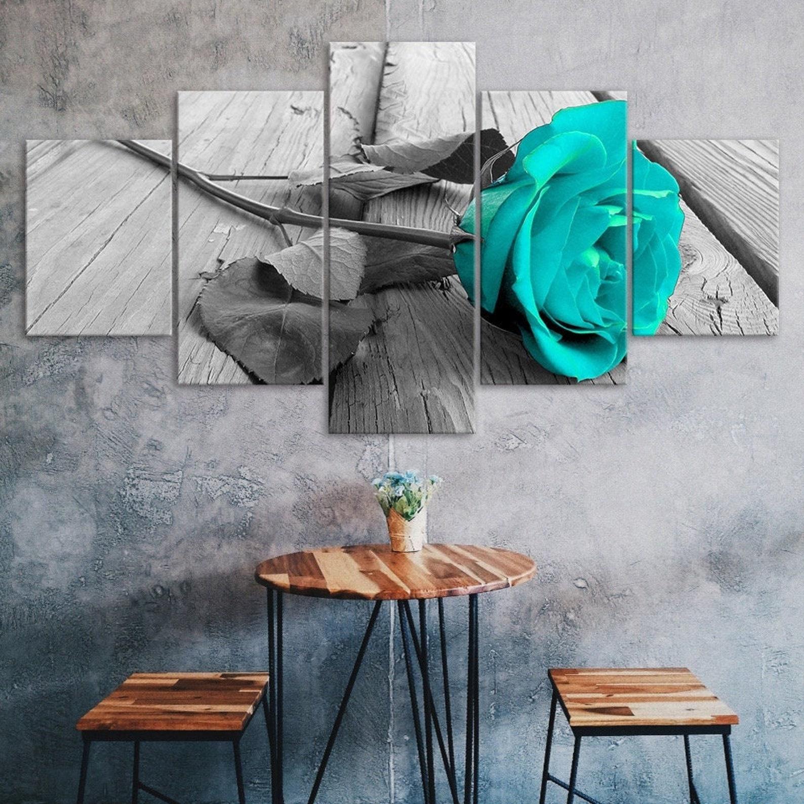 

Beautiful Blue Rose Long Stem Flower 5 Piece Five Panel Wall Canvas Print Modern Art Poster Picture Home Decor Gift For Him For Her 20X35 20X45 20X55CM