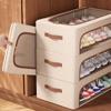 Foldable Shoe Storage Box with Dual Windows - Beige Fabric, Under-Bed Organizer for Sneakers & High Heels, Stackable Design, Shoe Storage Organizer