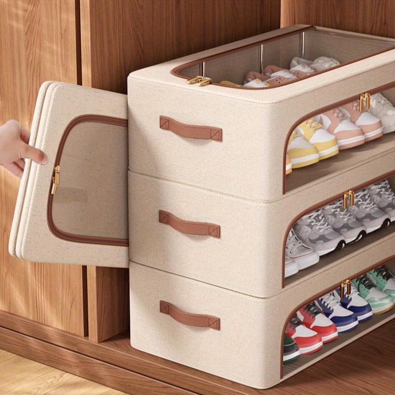 Foldable Shoe Storage Box with Dual Windows - Beige Fabric, Under-Bed Organizer for Sneakers & High Heels, Stackable Design, Shoe Storage Organizer