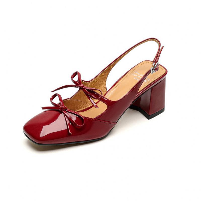 New large-size high-heeled sandals summer leather baotou sandals casual patent leather beef tendon soft sole rear empty sandals square heel