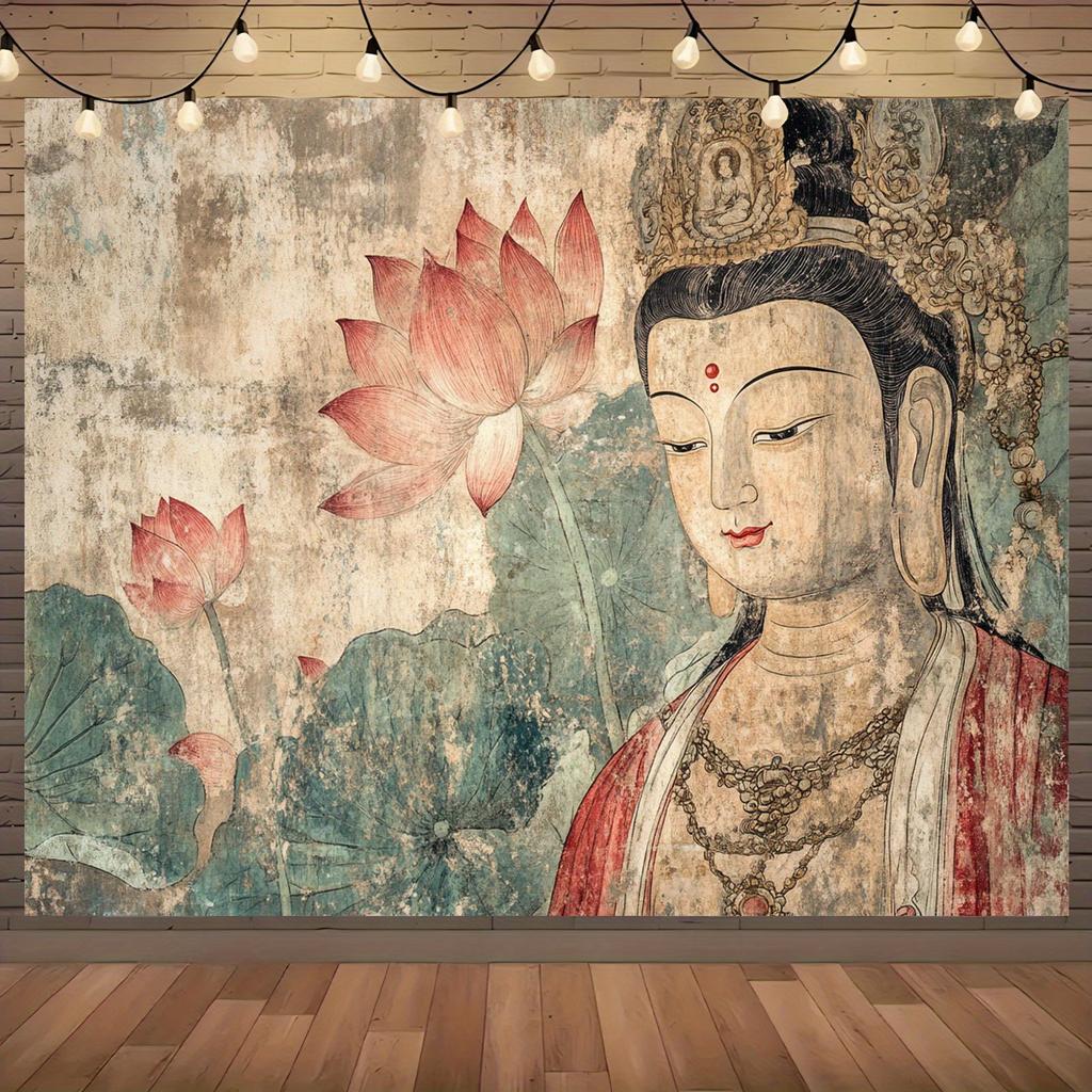 Dunhuang Style Guanyin & Lotus Tapestry Retro Zen Buddha Statue Wall Hanging for Tea Room, Living Room & Study Decor