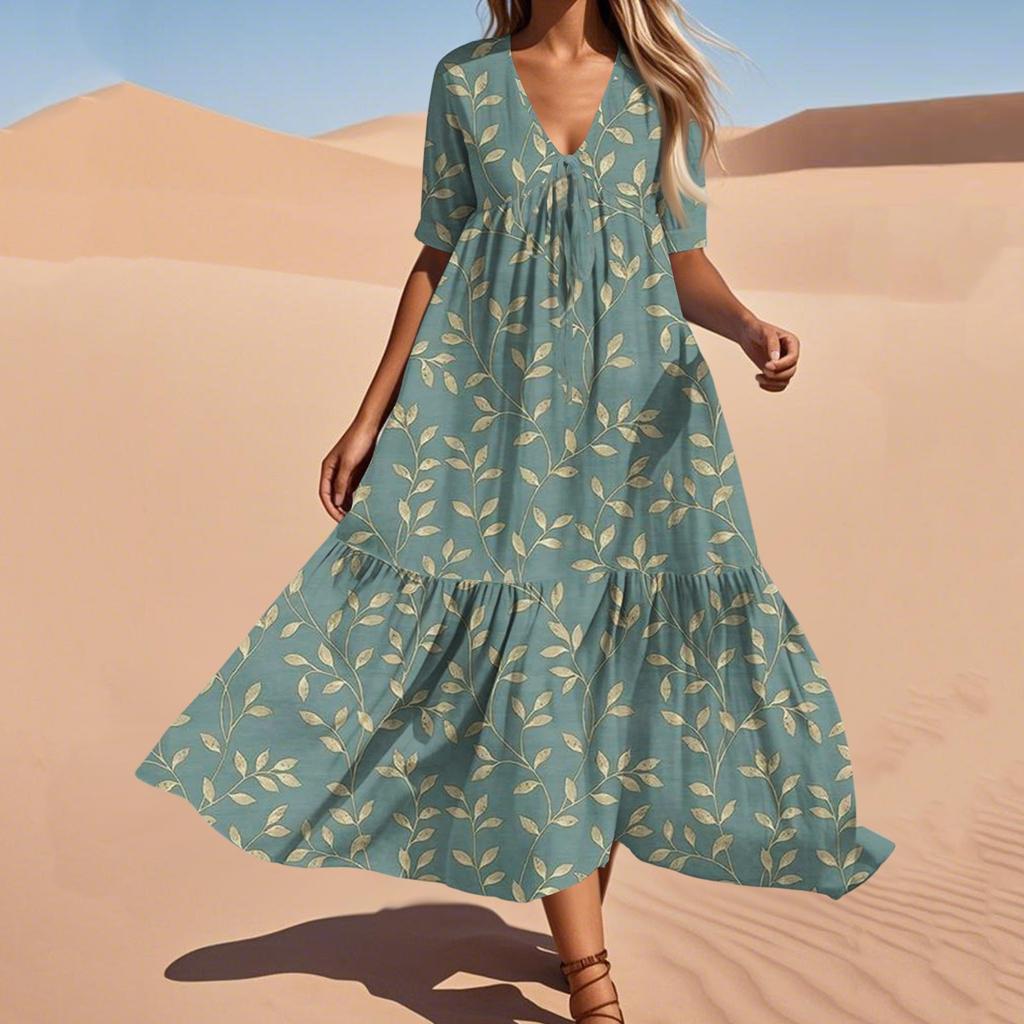 Women's Summer Fashion V-Neck Beach Long Dress Vintage Floral Printed Lace-Up Splicing Dresses
