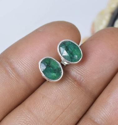 Emerald Dyed Gemstone Stud Earring, Solid 925 Sterling Silver Earring, Women Stud, Minimalist Jewelry