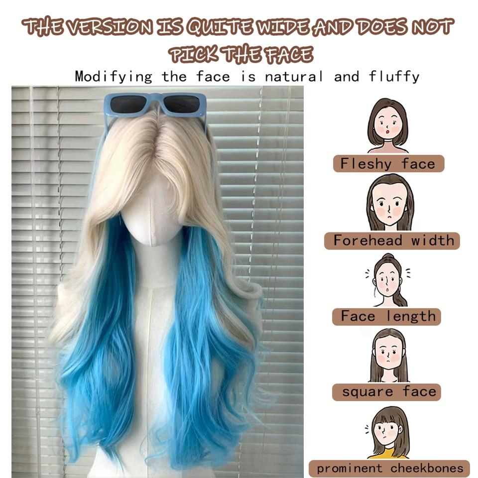 White Gold Highlights Blue Wave Synthetic Wig Female Delicate And Elegant Lolita Wig Small Lace Bangs Big Waves Long Curly Wig