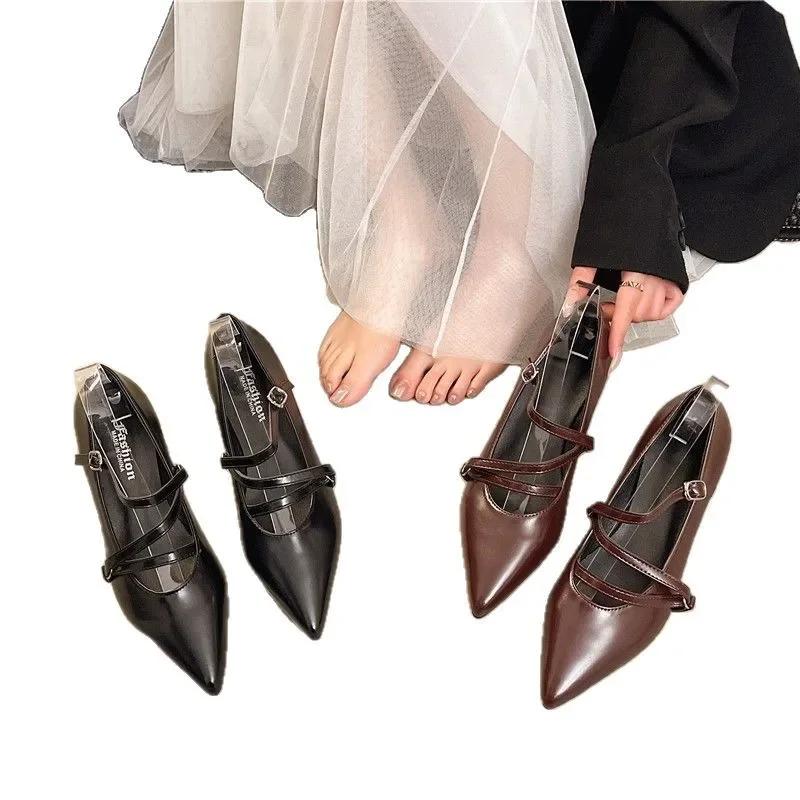 Fashion Summer 2025 Women's Wine Red Patent Leather Cat Heel Sandals Buckle Pointed Toe Thin Heel Single Shoes High Heels Casual Footwea