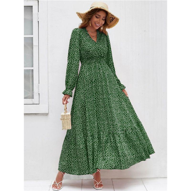 

Fashion Women Dress Vacuum Ladies Skirt Polka Dot Printed V-neck Holiday Dress Green S