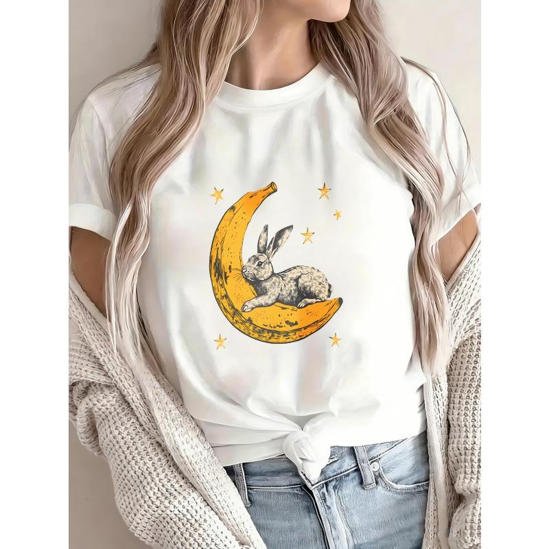 Weißes T-Shirt mit Mondhase- und Sterne-Print Lässiges Sommeroberteil für Damen