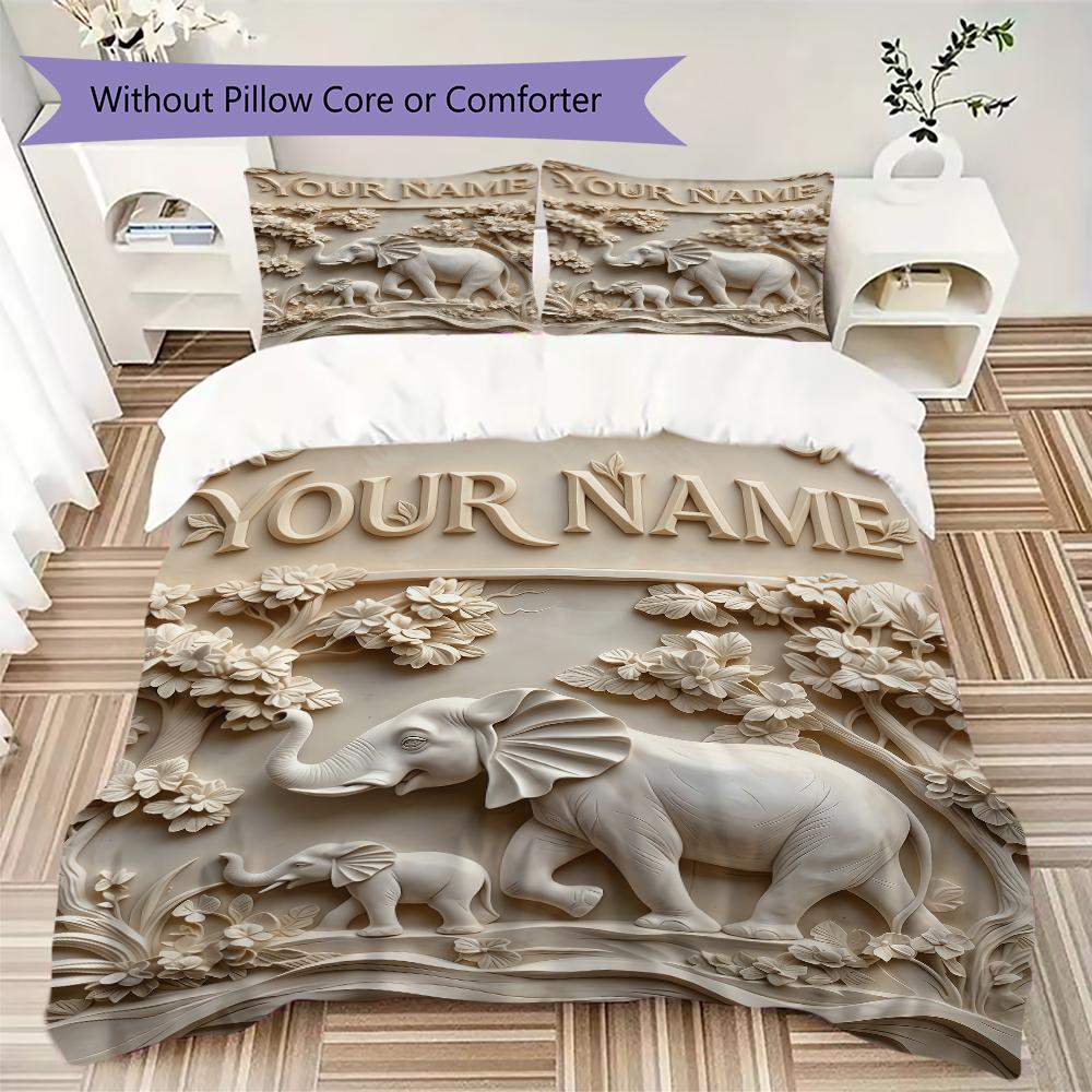 Custom Name Jungle Elephants Waterfall Bedding,Quilt Set Quilt Cover Pillowcase Home Birthday Gift(1 * Duvet Cover + 2 * Pillowcase, Without Core)_lx