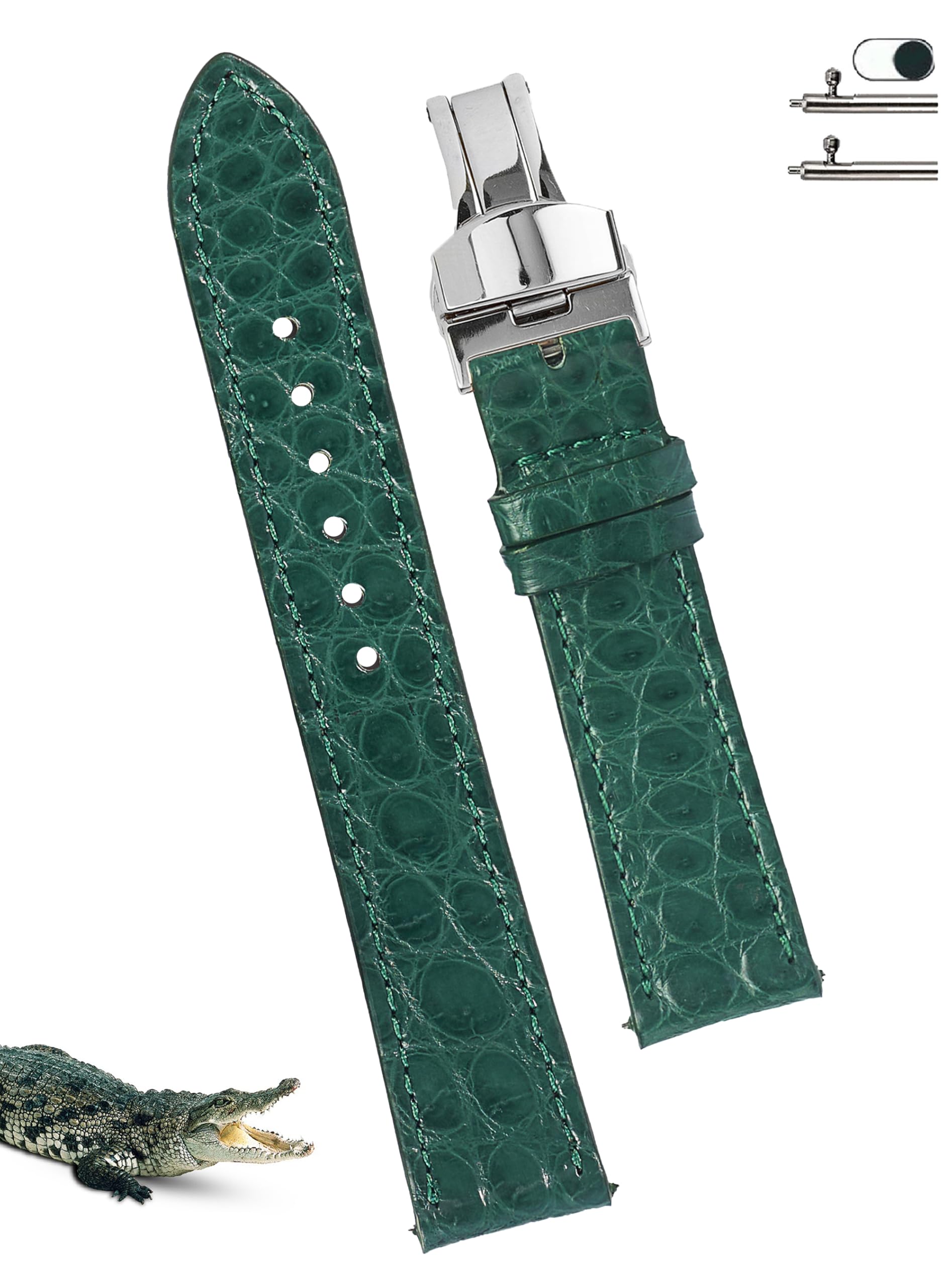 

[vinacreations] 22mm Green Crocodile Watch Strap with D-Buckle, Men s, Round Scale, Replacement Crocodile Watch Band, Slim, Quick-Release Spring Bar,