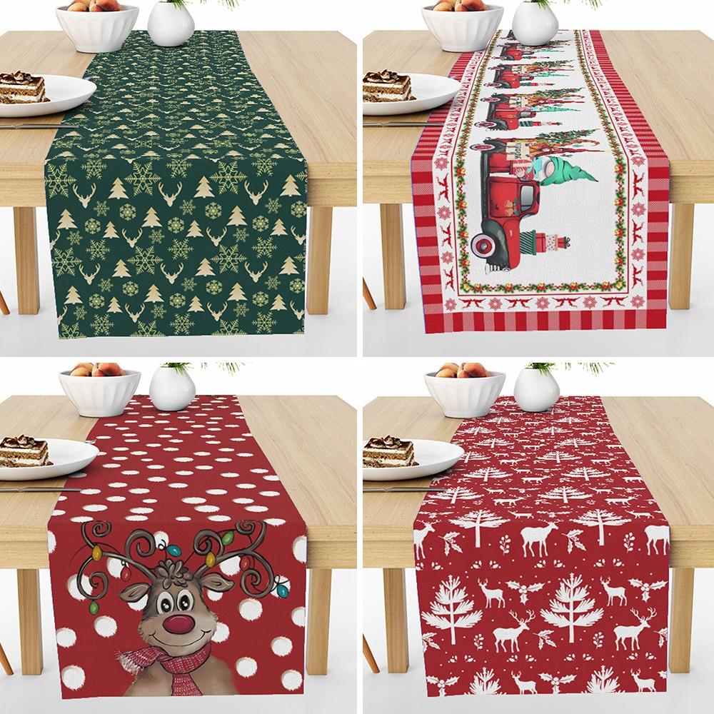 Festive Reindeer Pine Printed Table Runner Heatproof Linen Fabric Tablecloth for Home Decoration