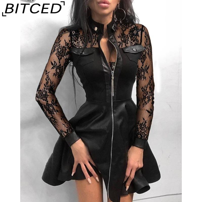 

BITCED Модное женское кружевное мини-платье с длинным рукавом и молнией из искусственной кожи с большим подолом XXL