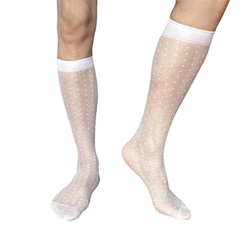 Men's Fashionable Sheer Over the Calf Long Socks Breathable See Through Dot Pattern Dress Suit Socks for Business Wear