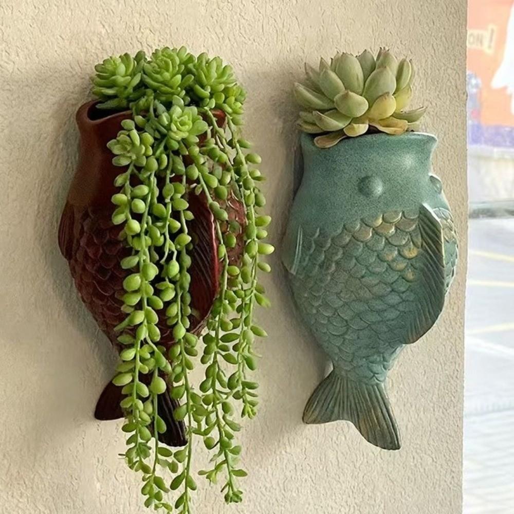 Adornos de Peces Estilo Rústico Macetero de Pared sin Taladro Cerámica Floral Decorativa Única Exterior