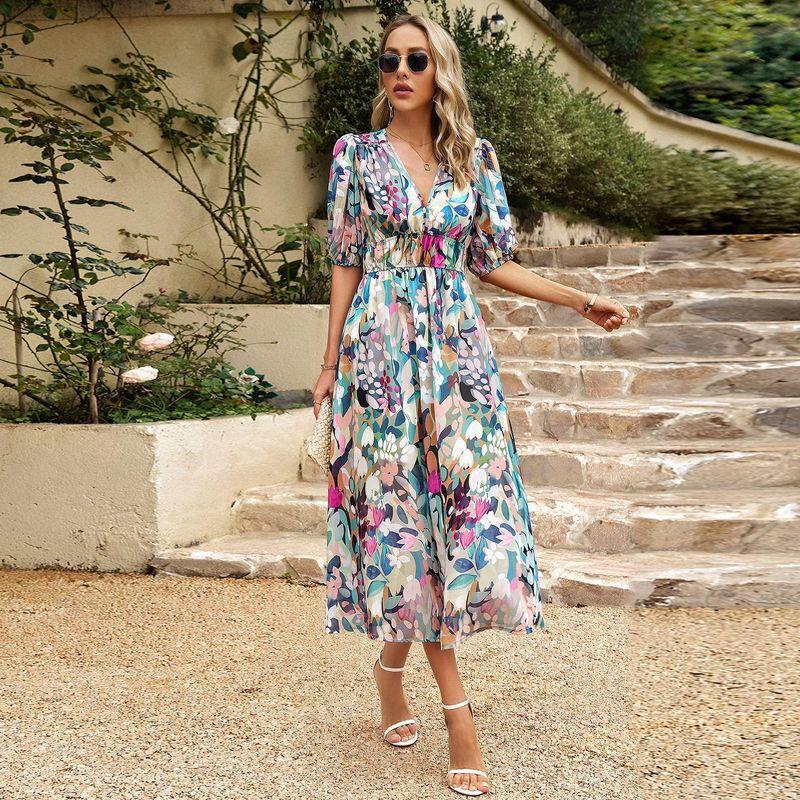 European and American Dress 2025 Summer Temperament Waist Hugging Deep V-neck Print Long dress Printed Long Skirt