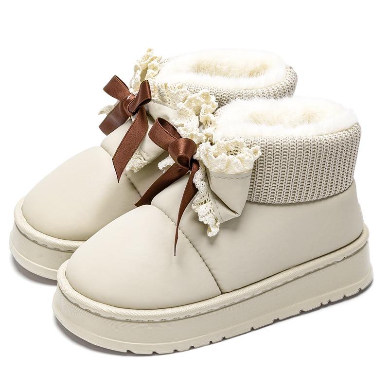 thick-soled snow boots women's new winter waterproof and non-slip piled thickened bow heightening outer wear cotton shoes