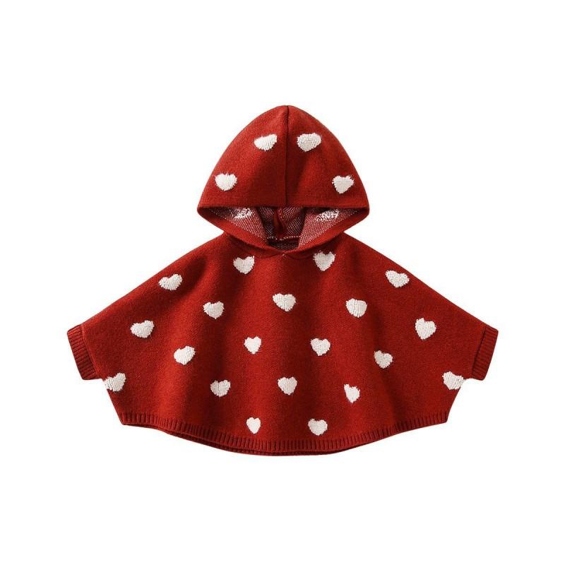 Girls Winter Knit Cape Hooded Cardigan Toddlers 1-3 Years Soft Acrylic Poncho With Heart Design