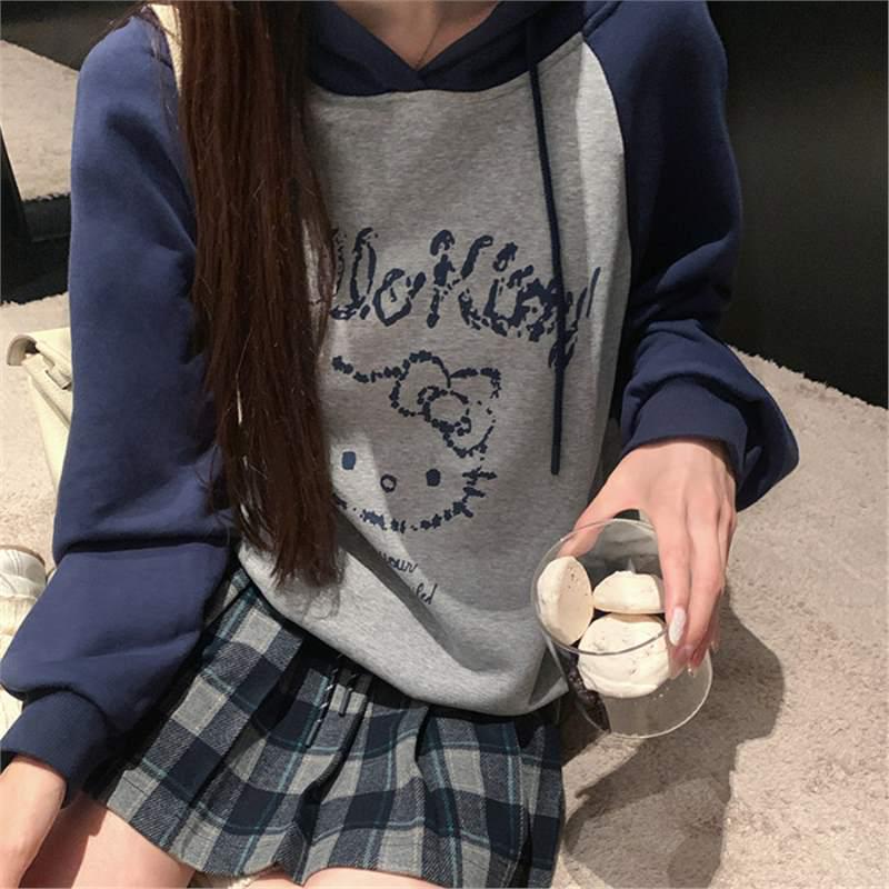 

Женская толстовка с капюшоном на флисовой подкладке - Хлопковая смесь, Принт с цветными блоками и буквами, Мультяшный дизайн, Пуловер в ленивом стиле для осени/зимы Large