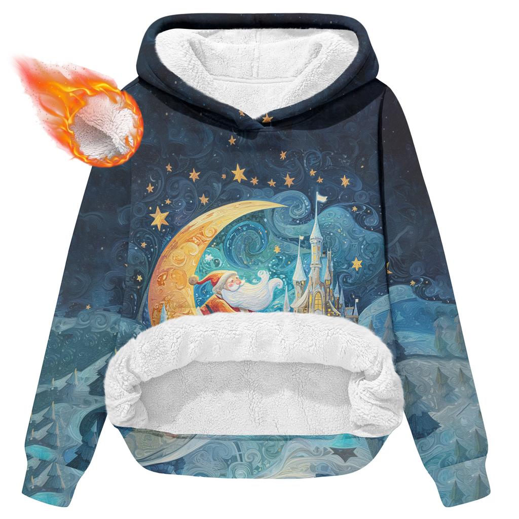 Women's Fashionable Casual Long-Sleeved Christmas Print Fleece-Lined Thick Hooded Sweatshirt