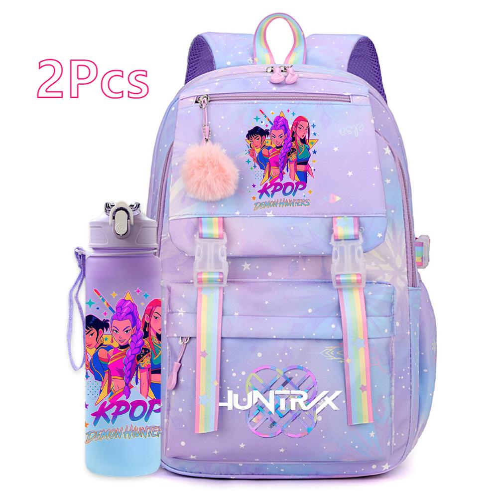 2Pcs/set New Anime Kpop Printed Backpack with 750Ml Water Bottler Large Capacity Travel Bag for Teenager Girl Boy Bookbag Kid Gift Large Capacity Bag