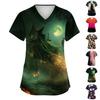 Women's V-Neck Short Sleeve Scrub Top with Pockets Halloween Print for Work