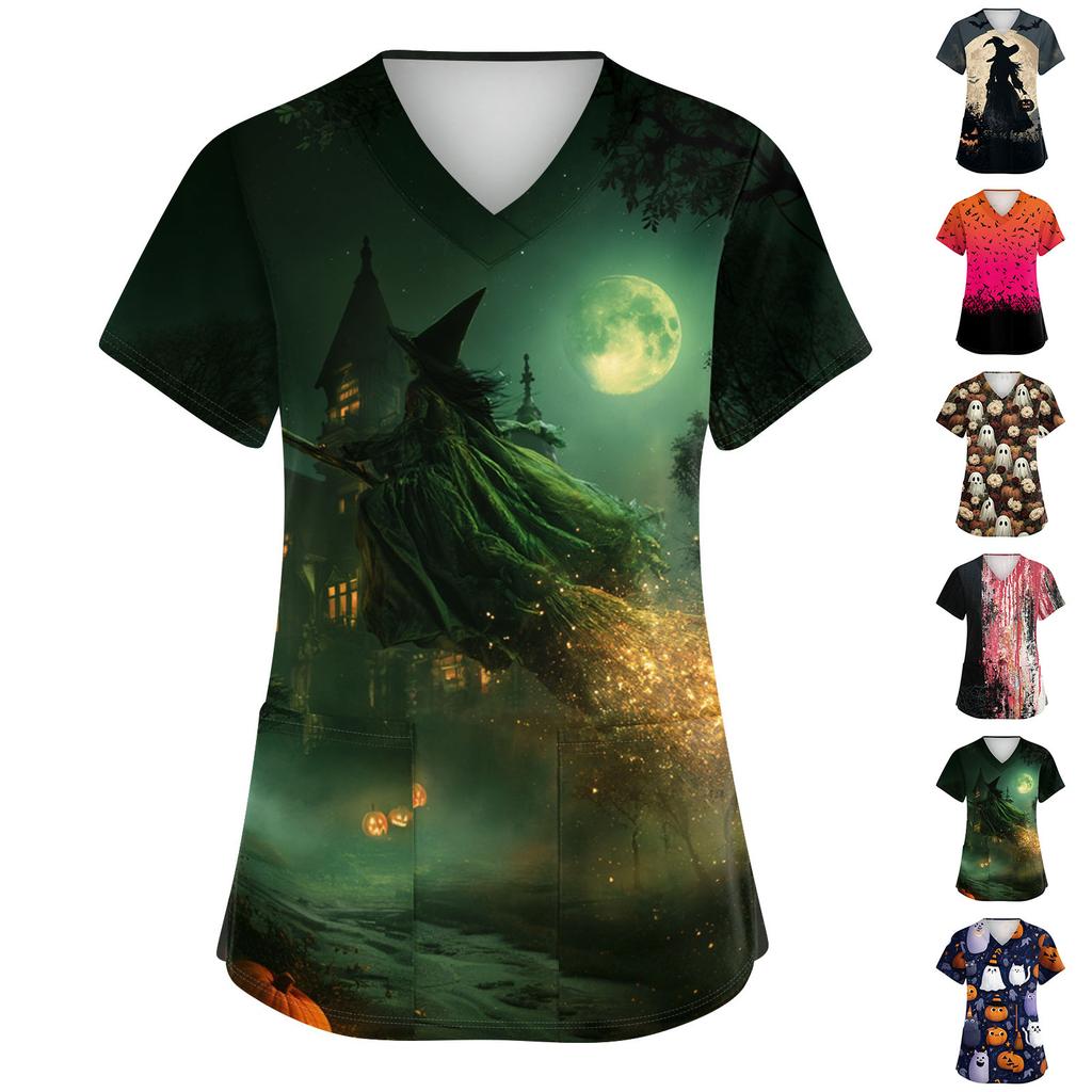 Women's V-Neck Short Sleeve Scrub Top with Pockets Halloween Print for Work