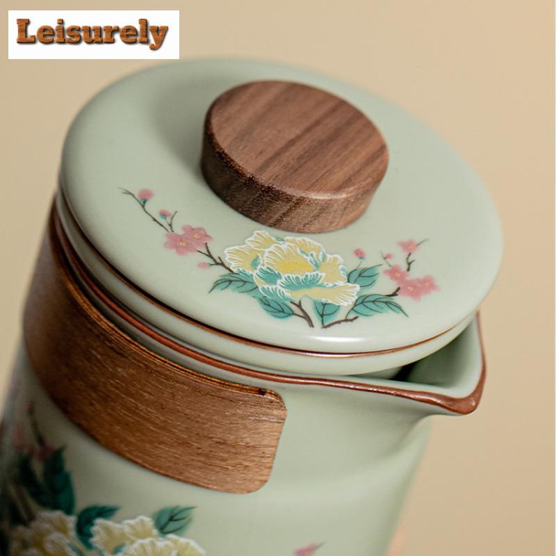 Pea Greem Ru Kiln Hibiscus Mutabilis Tea Set Kit Boutique 1 Pot 3 Cups Tea Maker Portable Travel Tea Set Camping Organizer Bags