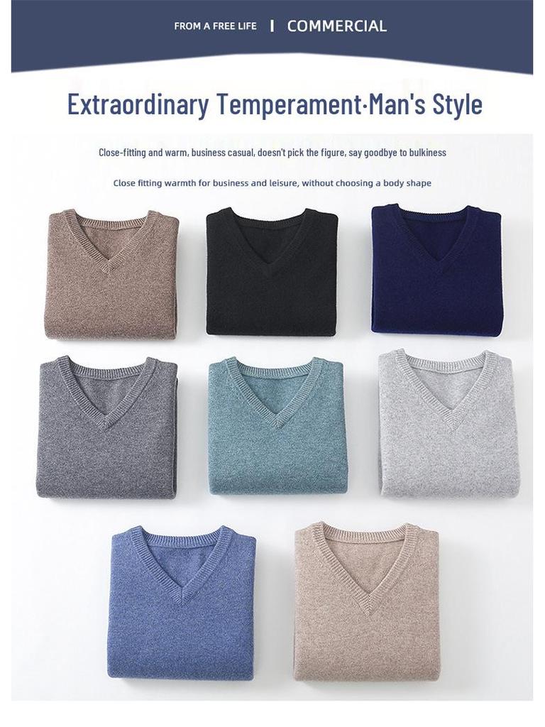 Men's 100% Wool V-Neck Sweater - Solid Color, Loose Fit, Long Sleeve Knitwear