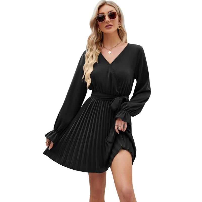 Solid Elegant Spring Dress Women Lace-up V-neck A Line Short Dress Summer 2026 Casual Pleated Long Sleeve Dresses Vestido 25154