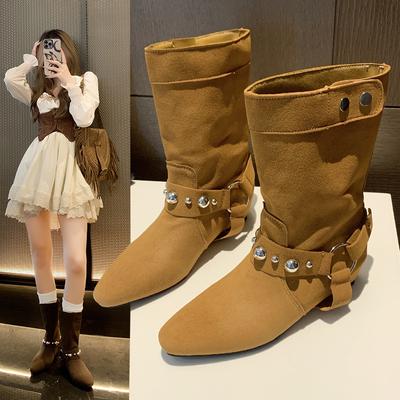 Fashion Women's Fashion Flats Fall New Pointed Head Suede Rivets Metal Buckle Temperament Mid-calf Western Boots