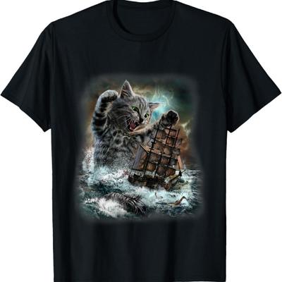 Giant Cat As Kraken Sea Monster Ambush a War Ship In Ocean T-Shirt
