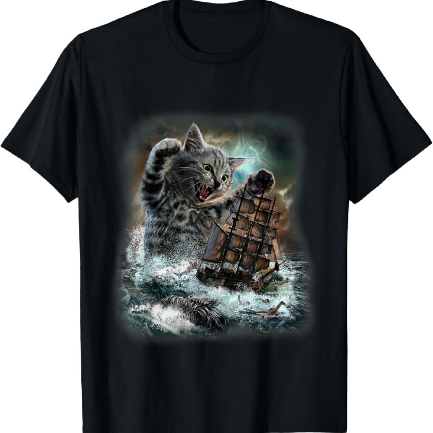 

Giant Cat as Kraken Sea Monster Ambush a War Ship in Ocean T-Shirt XXXXXL чорний