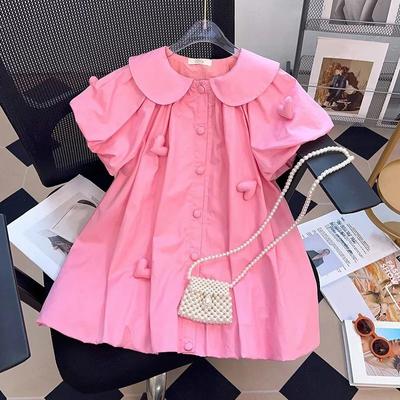 2-10 Years Summer Cute Girls Dress Heart Jewelry Decoration Flip Collar Single Row Buckle Design Dress for Girl
