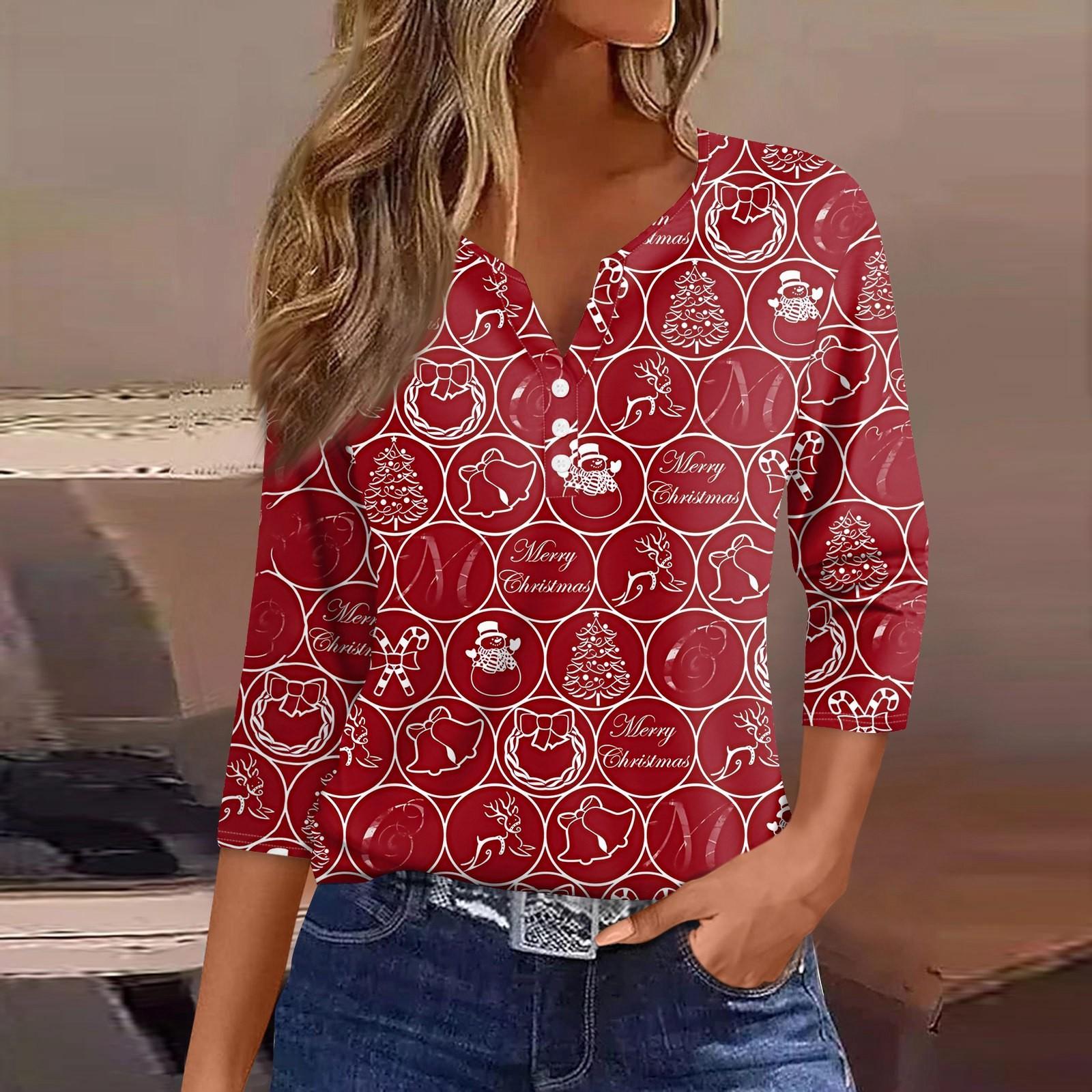 

Женская футболка с рождественским принтом, на пуговицах, рукав 3/4, повседневная мода на выходные, базовый топ с V-образным вырезом M