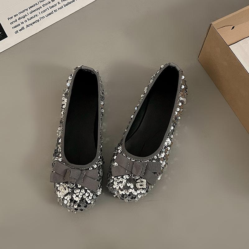 

French silver bow bar flat-soled Lei dance shoes 2025 spring new round head sparkling beads thick heel single shoes women 35
