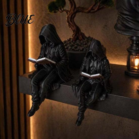 Dreidimensionale Gotische Statue Dark Fantasy Lese-Figur Geheimnisvolle Kapuzenfigur Skulptur Schreibtischdekoration Harz Sitzender Sensenmann für